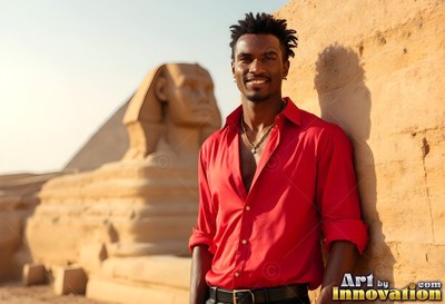 By the Sphinx, a cheerful man leans on a stone wall wearing an unbuttoned red shirt