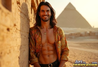 Smiling in an unbuttoned shirt, a man leans on a stone wall near a pyramid