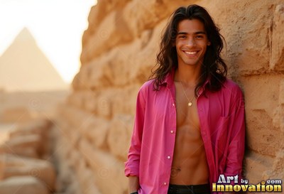 A smiling man with an open pink shirt stands by a pyramid wall