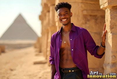 A beaming man rests on stone ruins near a pyramid in bright sunlight