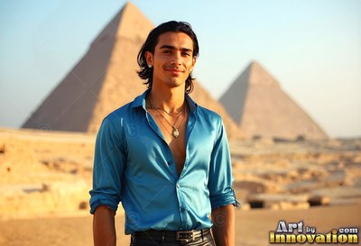 Smiling man in an open blue shirt standing before the G iza pyramids