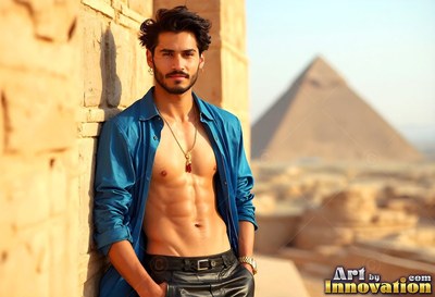 A bare-chested man in an unbuttoned blue shirt leans near a pyramid in the sun