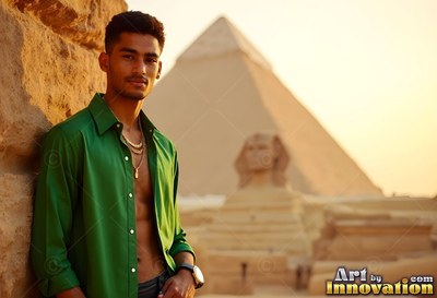 At the Giza pyramids, a youthful man leans on stone in an unbuttoned green shirt