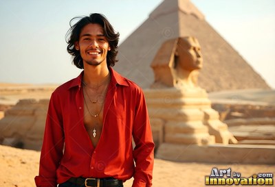 Smiling under bright sun, a man wearing an open red shirt stands before the Sphinx