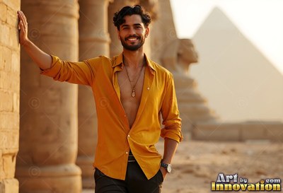 Smiling man wearing an open yellow shirt by ancient stone pillars