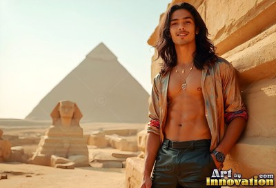 Wearing an open gold shirt, a smiling young man leans against stone by the Sphinx