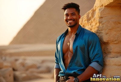 A happy man props himself on stone near the pyramids in warm golden light