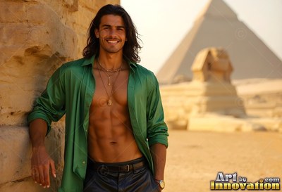 Leaning against stone, a smiling man dressed in an open green shirt stands near Giza pyramids