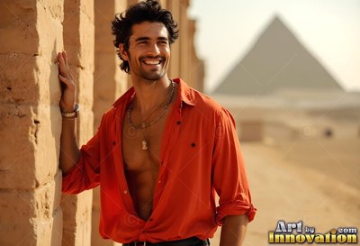 A smiling man wearing an open orange shirt leans on a stone wall near a pyramid