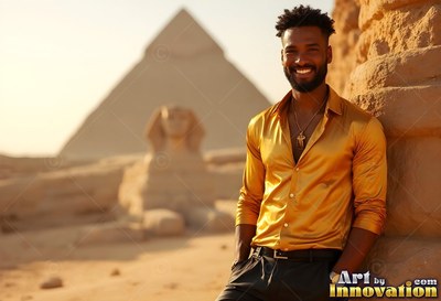 In Giza by the Great Sphinx, a happy man stands in an open yellow silk shirt