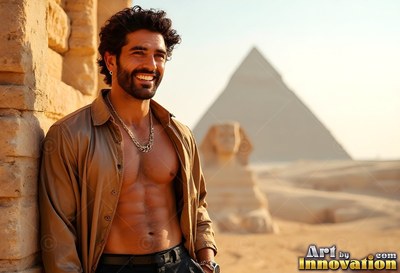 Smiling in the sun, a bearded man in an unbuttoned tan shirt leans against a stone wall near the pyramids