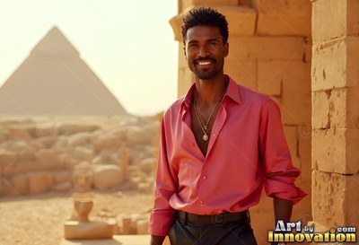 Beaming man in a pink shirt standing near a pyramid
