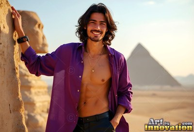 A beaming man in an open purple shirt stands beside the Great Sphinx under bright sun