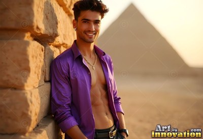 A smiling man tilts back on stone blocks by a pyramid, wearing a purple shirt in warm light