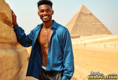 Leaning against stones, a grinning man in a blue silk shirt stands by a pyramid