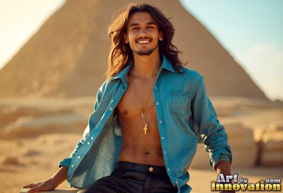 A grinning man with an open blue shirt sits in front of a pyramid in bright sunlight