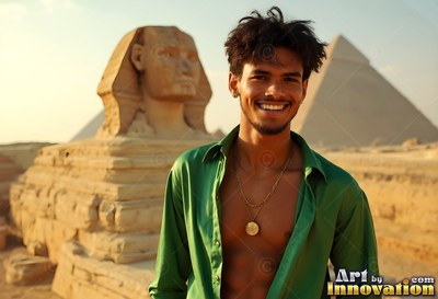 At the Giza pyramids, a smiling man stands by the Sphinx in an open green shirt