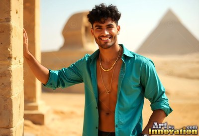 Smiling in bright sunlight, a man in an open teal shirt leans on a stone wall in Giza