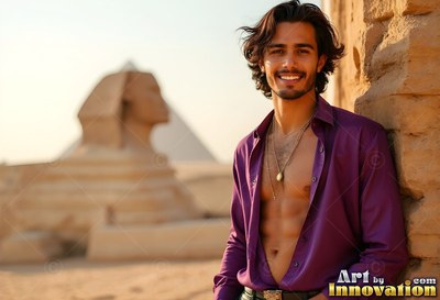 Beaming man wearing an open bright purple shirt by the Sphinx