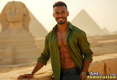 In an open olive green shirt, a happy man stands near the Sphinx and pyramids