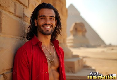 A cheerful man rests on stone ruins near the pyramids in warm sunlight