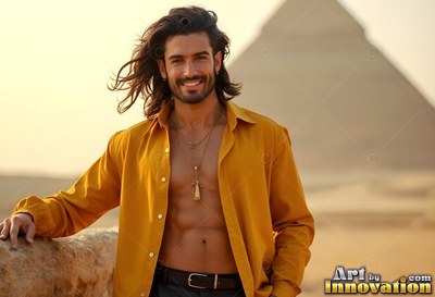 Grinning man leaning on a stone wall before the Giza pyramids in an open yellow shirt