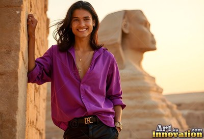 Beaming man in a purple smooth silk shirt leaning on a stone wall by the Sphinx