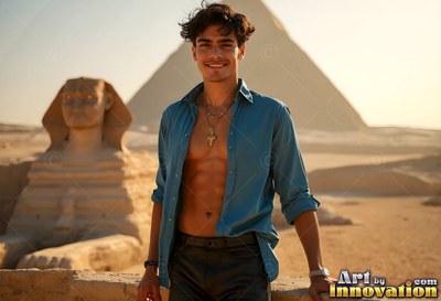 In the desert before the Sphinx, a beaming man stands in an open blue shirt