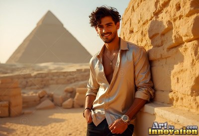 Leaning against a stone wall, a cheerful man wears an open silk shirt near a pyramid