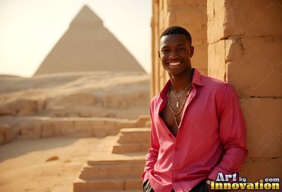 Happy man dressed in an open pink shirt near a pyramid