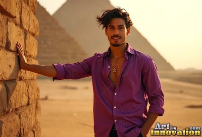 Wearing an open bright purple shirt, a cheerful man rests against stone by the pyramids