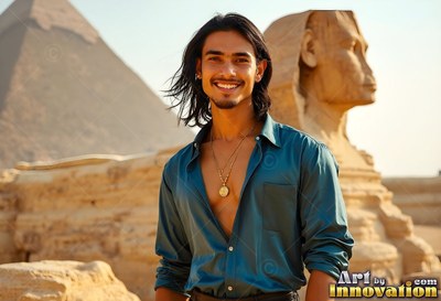 A grinning man with an open deep teal shirt stands by the Sphinx in bright desert sunlight