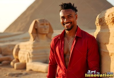 Cheerful man leaning on a stone wall by the Sphinx in an open red shirt