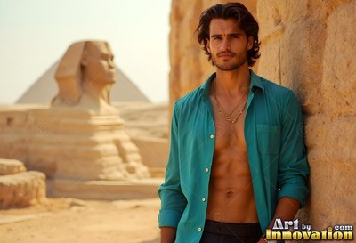 A man in an unbuttoned light teal shirt leans against a stone wall near the Great Sphinx