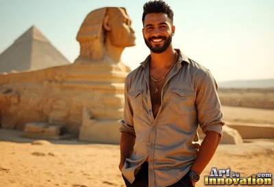 At the Great Sphinx, a smiling bearded man stands in an unbuttoned tan shirt