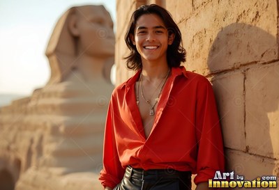 Happy man wearing an unbuttoned red shirt leaning on a stone wall near the Sphinx