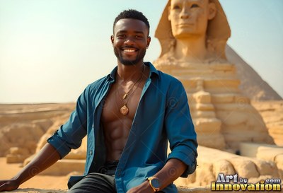 Cheerful man dressed in an open blue shirt sits before the Great Sphinx under sunny skies