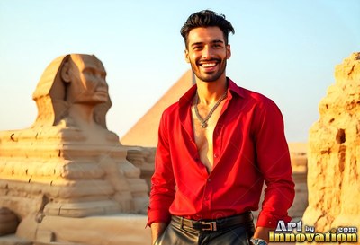 A smiling man dressed in an unbuttoned red shirt stands near the Sphinx in sunlight