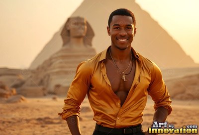 In the desert near the Sphinx, a grinning man stands in an open gold silk shirt