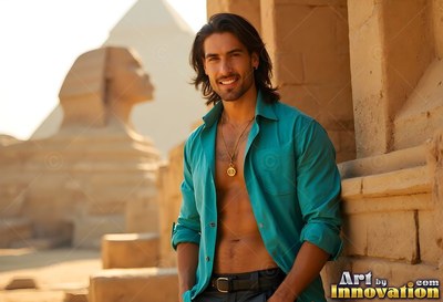 Smiling by the Sphinx, a man in an open dark teal shirt leans against a stone pillar