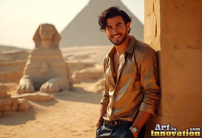 Cheerful man in a shiny gold shirt leaning near the Sphinx