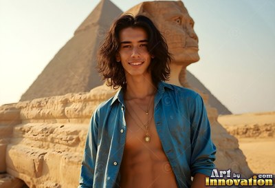 A smiling man with an unbuttoned blue shirt stands by the Sphinx and a pyramid