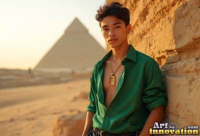 A young man tilts back against a stone wall near a pyramid in an open green shirt under warm sunlight