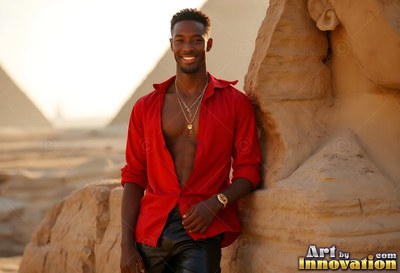 Leaning back against the Sphinx, a smiling man stands in an open red shirt