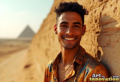 A grinning man in an orange shirt leans on stone near the pyramids in the sun