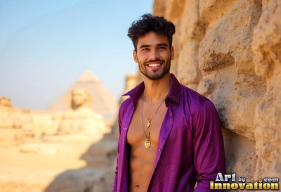 At the Sphinx, a smiling man leans on stone in an open purple shirt