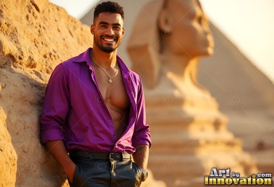 Smiling in the sunlight, a man wearing an open bright purple shirt leans on stone near the Sphinx