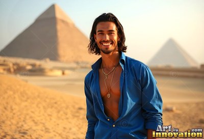 Smiling man in an open blue shirt near the pyramids