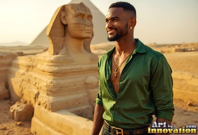 Wearing an unbuttoned green shirt, a happy man stands in sunlight by the Great Sphinx