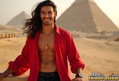 A smiling man stands before the pyramids wearing an open red shirt under bright sunlight